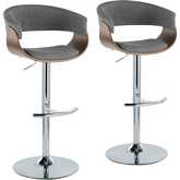 Vintage Mod Adjustable Swivel Bar Stool in Chrome, Walnut Wood & Light Grey Fabric (Set of 2)